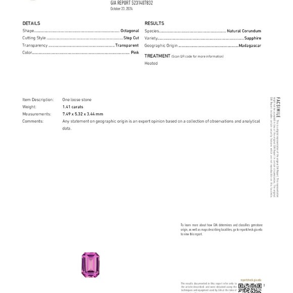 Emerald Natural Loose Sapphire (1.41 Ct Pink Vs2) Gia C53000091 - Picture 5 of 6